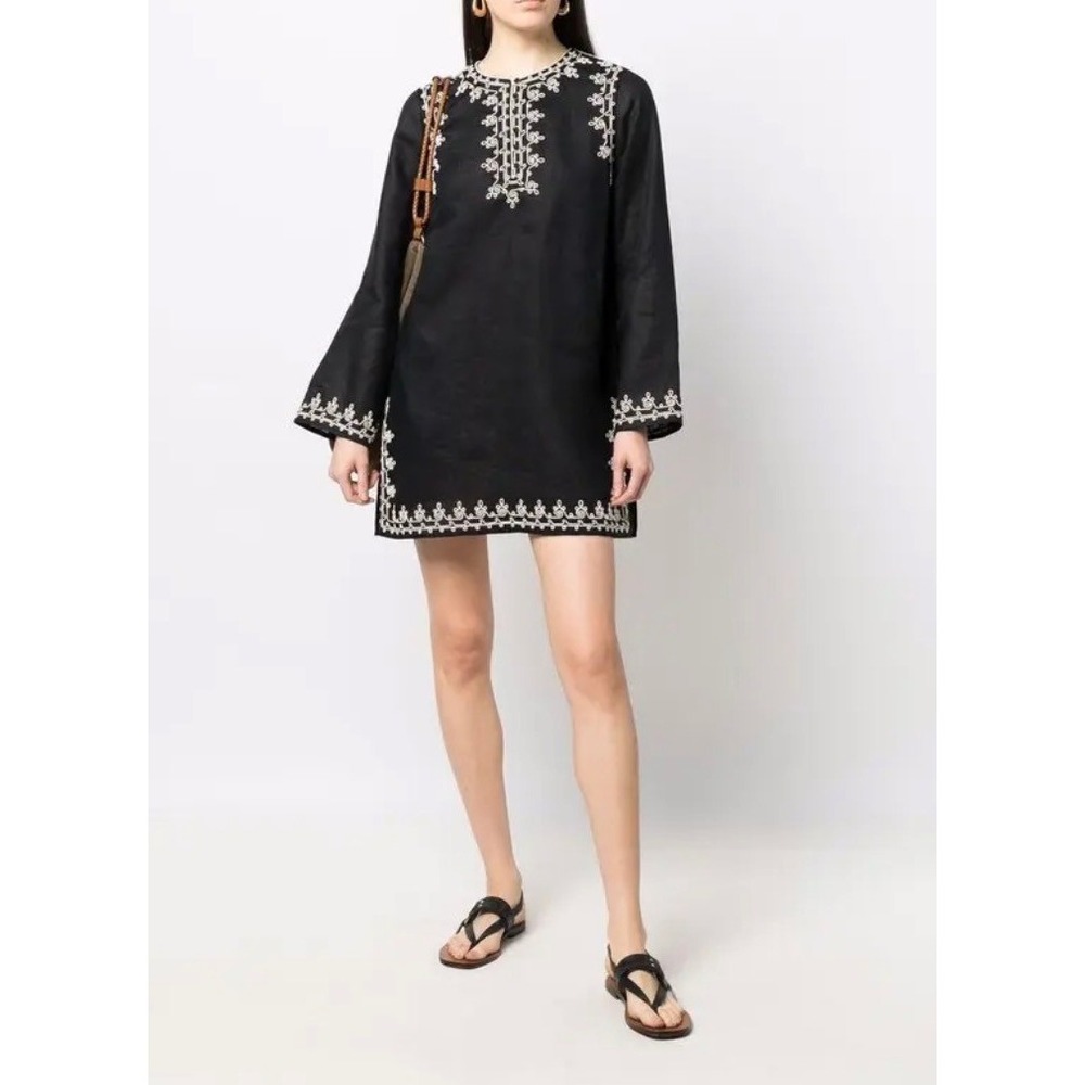 Tory Burch Black Linen Embroidered Tunic Top Small Long Sleeve Split Neck Boho